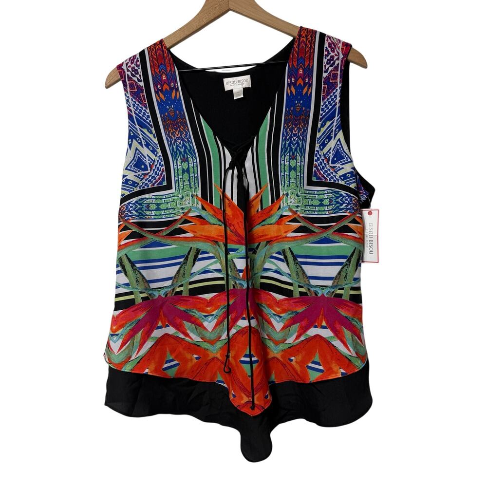Bisou Bisou Michele Bohbot Border Print Black Top Women's XL NWT